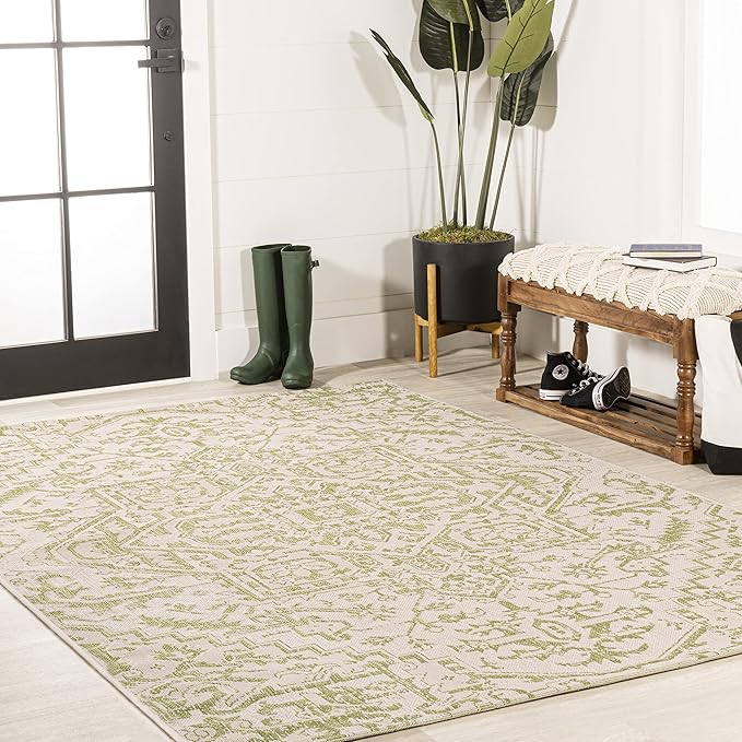 JONATHAN Y SMB105E-4 Estrella Bohemian Medallion Textured Weave Indoor Outdoor Area Rug, Coastal,Traditional,Transitional Easy Clean,Bedroom,Kitchen,Backyard,Patio, Non-Shed, Cream/Green, 4 X 6