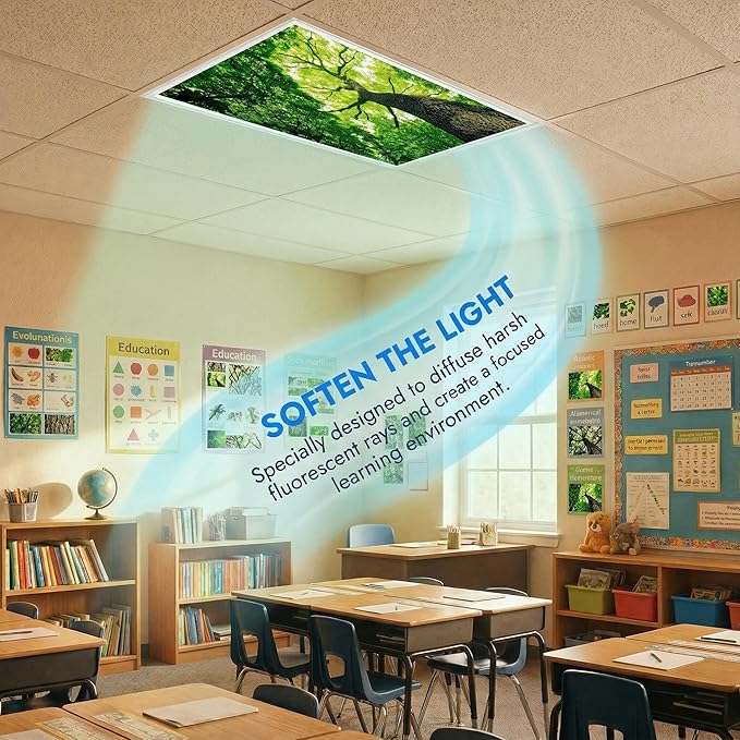 4 Pack Fluorescent Light Covers for Ceiling Lights -Magnetic Cloud Cover for Fluorescent Or LED Fixture 2ft x 4ft Classroom,Home,Office Decoration Filters Overhead Lighting-Towering trees