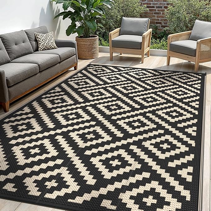 Outdoor Rug for Patio - Waterproof Plastic Straw Camping Rugs 6x9 ft, Reversible Outdoor Indoor RV Mat Carpet for Patio, Porch, Deck, Balcony, Picnic, Beach, Black Beige