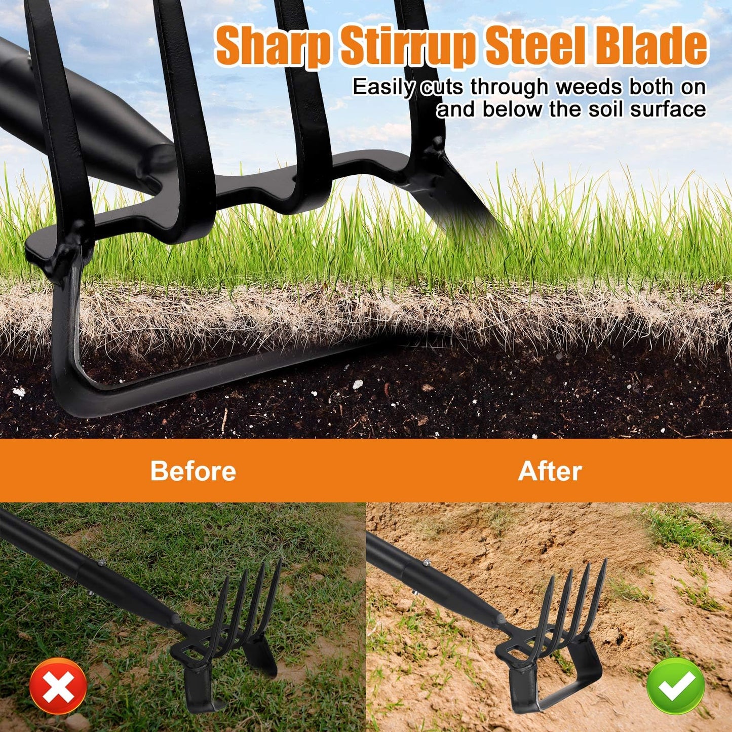 Garden Hoe with Cultivator Rake - Heavy Duty Stirrup Hoe Gardening Tool,Sharp Blade,60 Inch Adjustable Long Handle,Scuffle Action Hoes for Fast Weeding,Grass Weeder Removal,Loosen Soil