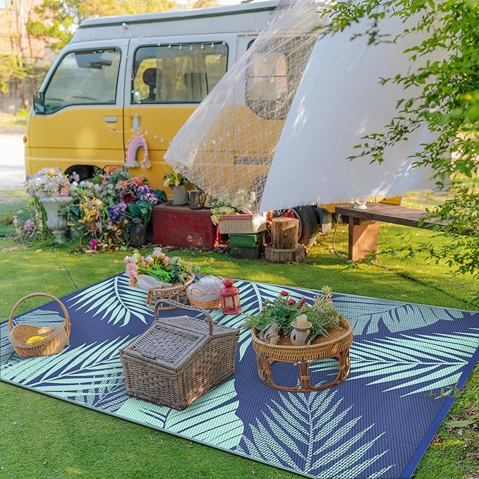 GENIMO Outdoor Rug 9' x 12' Waterproof for Patios Clearance, Reversible Outdoor Plastic Straw Camping Rug Carpet, Large Area Rugs Mats for RV, Camper, Deck, Balcony, Porch, Beach Royal Blue&Blue Green