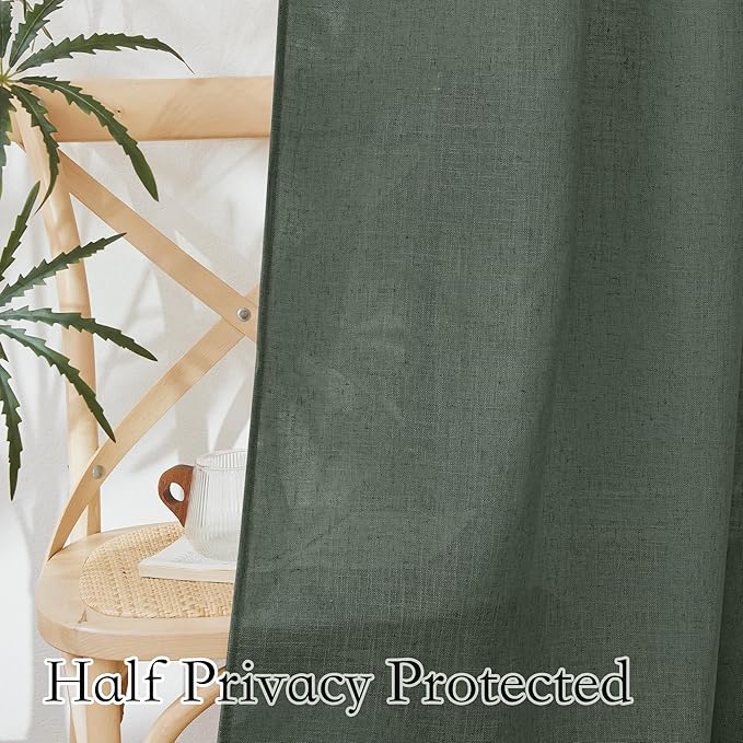 RYB HOME Linen Sheer Curtains for Living Room, Light Filtering Privacy Protection Spring Curtains for Sliding Glass Door, W 52 x L 96 inches, Hunter Green, 2 Panels Set