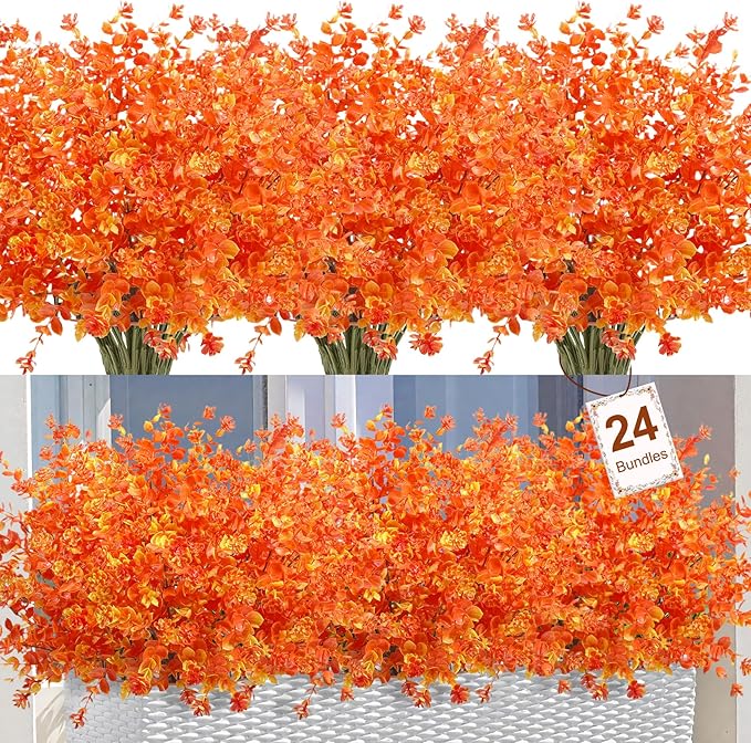 Ouddy Decor 24 Bundles Artificial Fall Flowers for Outdoor Decoration UV Resistant Fake Mums Fall Plastic Flowers Faux Plants for Autumn Indoor Outside Patio Planters Window Home Decor, Orange Yellow