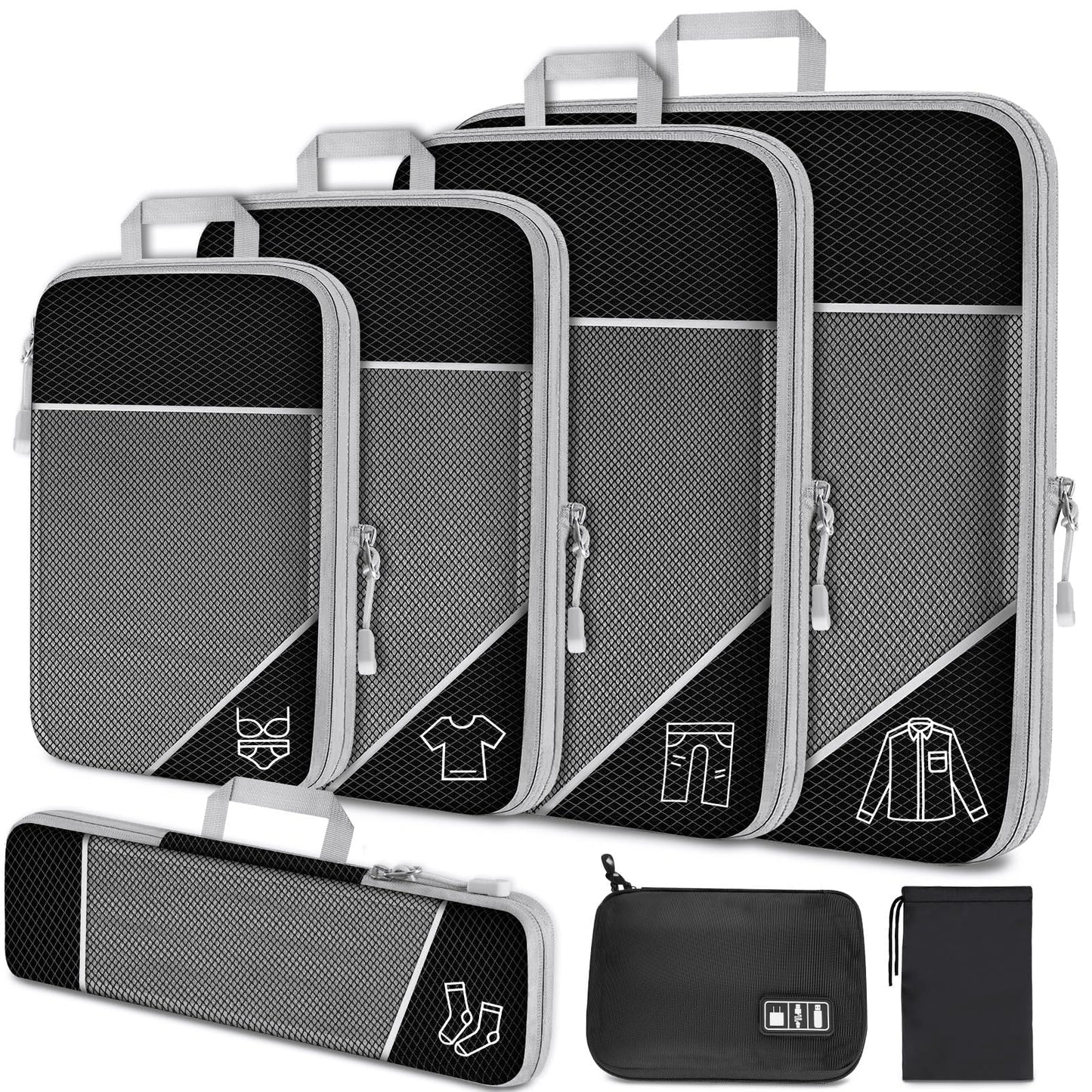 NiHome 7PCS Compression Packing Cube Set Expandable Mesh Travel Bag Luggage Organizers with Electronic Cable Cord Charger Organizer Drawstring Bag for Trip Home Storage Travel Gear Accessories (Black)