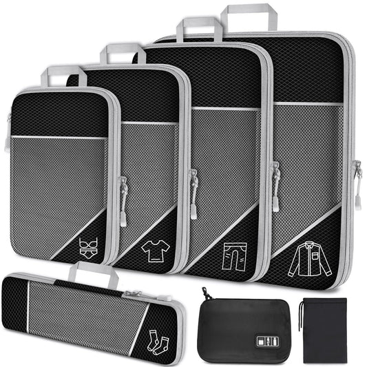 NiHome 7PCS Compression Packing Cube Set Expandable Mesh Travel Bag Luggage Organizers with Electronic Cable Cord Charger Organizer Drawstring Bag for Trip Home Storage Travel Gear Accessories (Black)