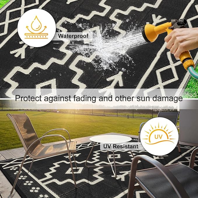 Uphome Outdoor Plastic Straw Rug 6x9 ft, Reversible Waterproof Outdoor Rug Carpet, Black Boho Patio Rug, RV Camping Rug for Outside, Indoor Outdoor Area Rug for Backyard Deck Balcony Picnic, 6'x9'