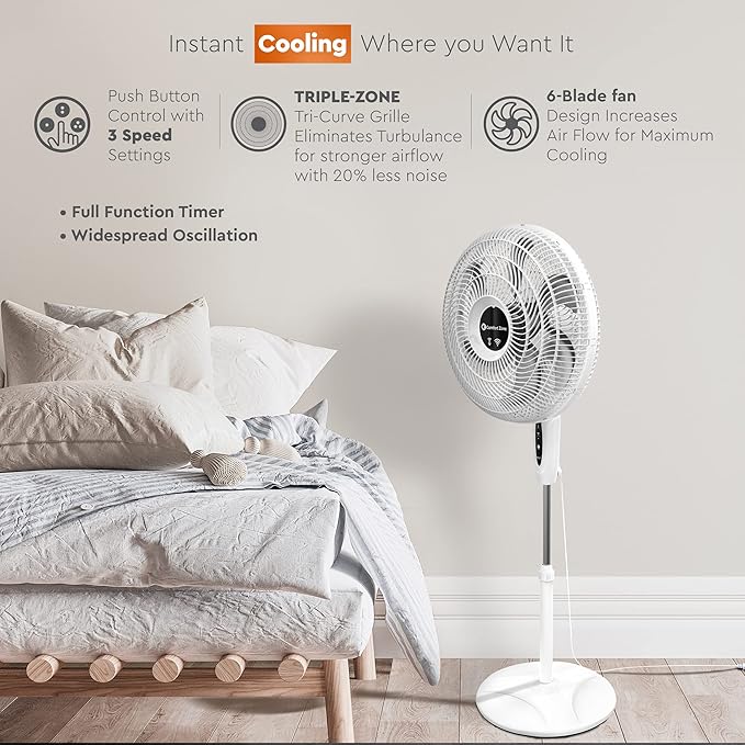 Comfort Zone 18-Inch Smart WiFi Oscillating Stand Fan, 3-Speed Wall-Mountable Fan with Voice Control, Full-Function Timer & Adjustable Stand up to 53 Inches, Quiet Tri-Curve Technology