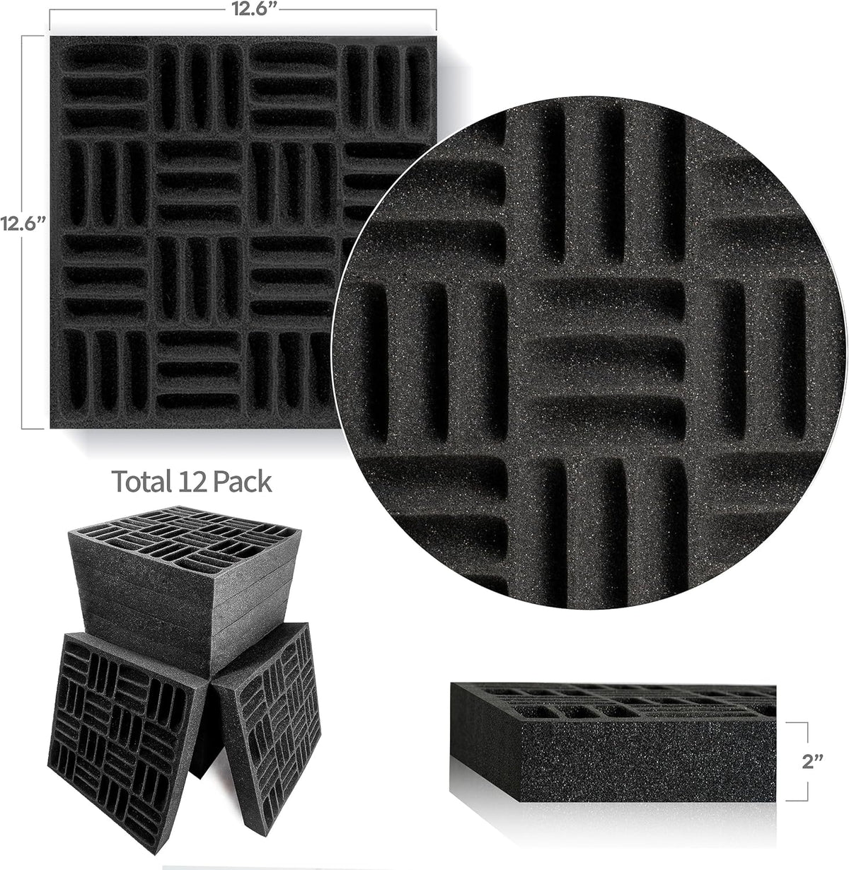 12 Pack Sound Proof Foam Panels for Walls, 12.6x12.6x2 Inches Grid Style Acoustic Panels for Home Studio Acoustic Treatment (Black)