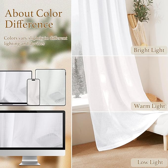 RYB HOME White Linen Curtains for Living Room Bathroom Kitchen, Rod Pocket Semi Translucent Breathable Home Decor Short Small Window Drapes, W 34 x L 45 inches, White, 2 Panels