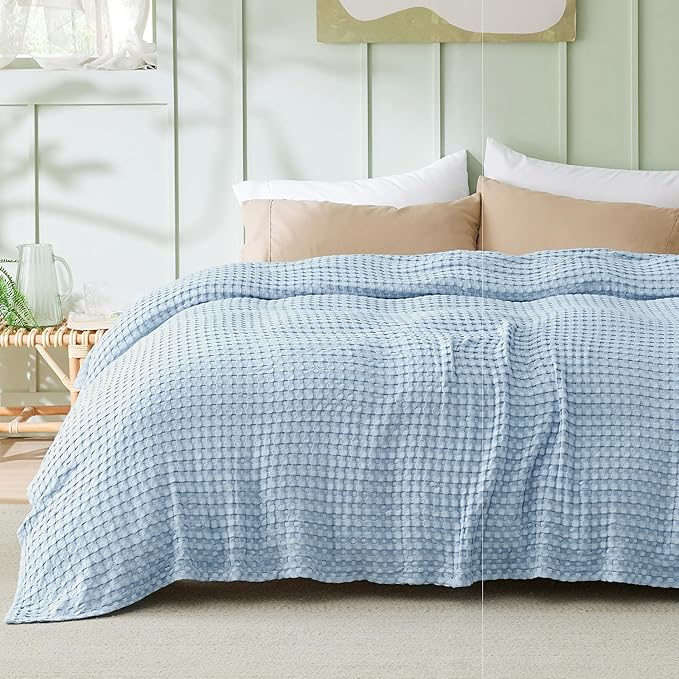 Bedsure Cooling Cotton Waffle King Size Blanket - Lightweight Breathable Blanket of Rayon Derived from Bamboo for Hot Sleepers, Luxury Throws for Bed, Couch and Sofa, Blue, 104x90 Inches