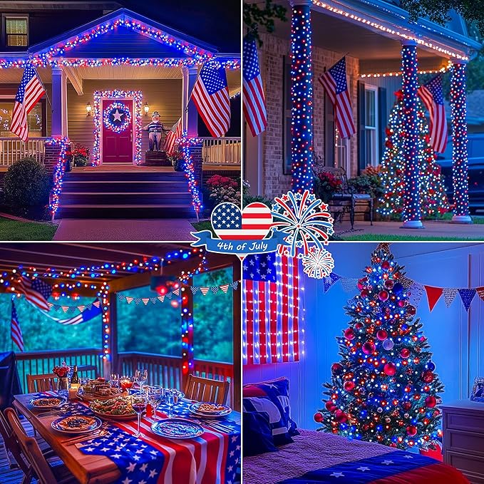 Hopolon Red White and Blue String Lights, 33 FT 100 LED Connectable 4th of July Patriotic Twinkle Lights with Remote,8 Modes Plug in Independence Day Light for Home Party Holiday Tree Xmas Decoration