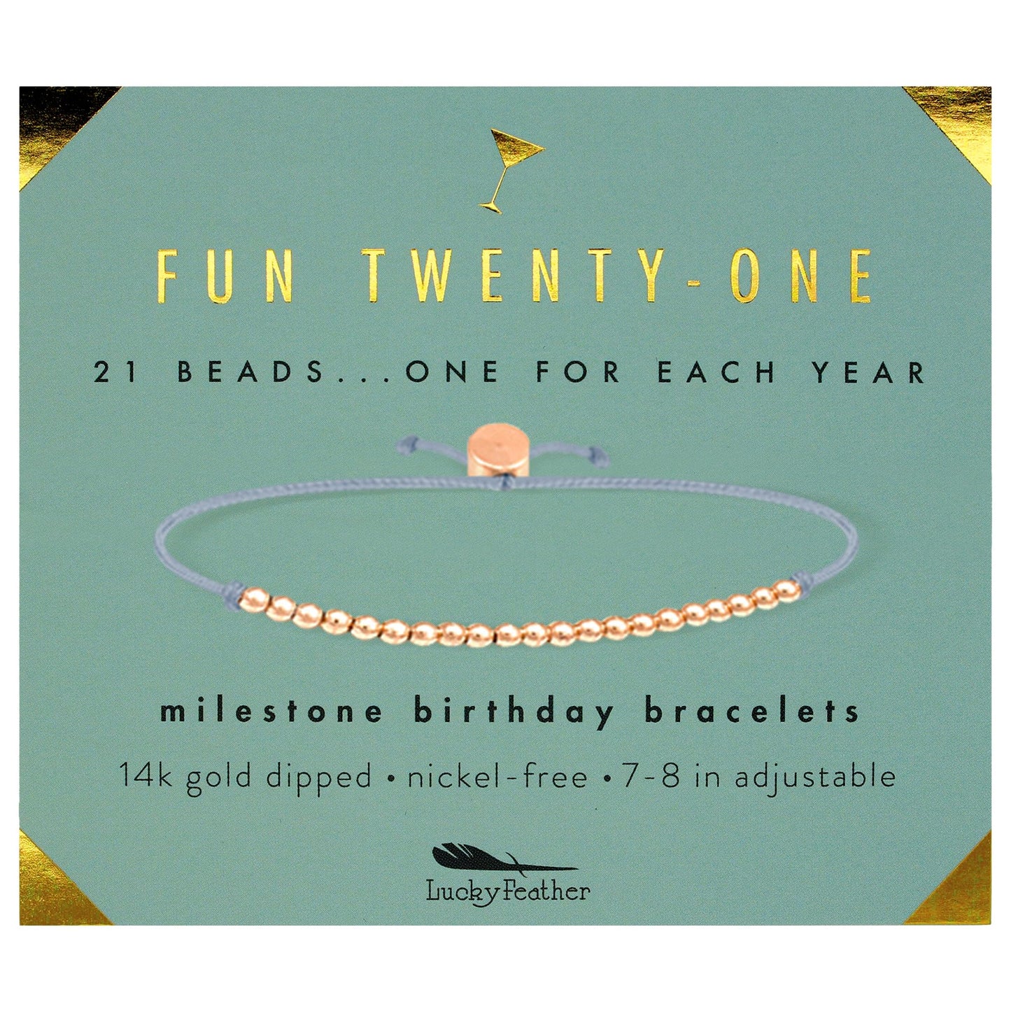 Lucky Feather 21st Birthday Gifts For Women - 14K Gold Dipped Beads Bracelet on Adjustable Cord, Birthday Gifts For Her, Women Turning 21