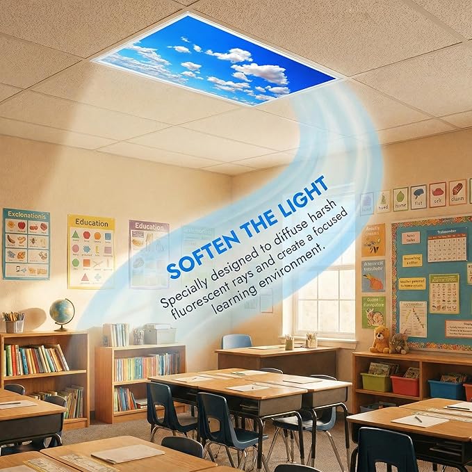 4 Pack Fluorescent Light Covers for Ceiling Lights -Magnetic Cloud Cover for Fluorescent Or LED Fixture 2ft x 4ft Classroom,Home,Office Decoration Filters Overhead Lighting-white clouds