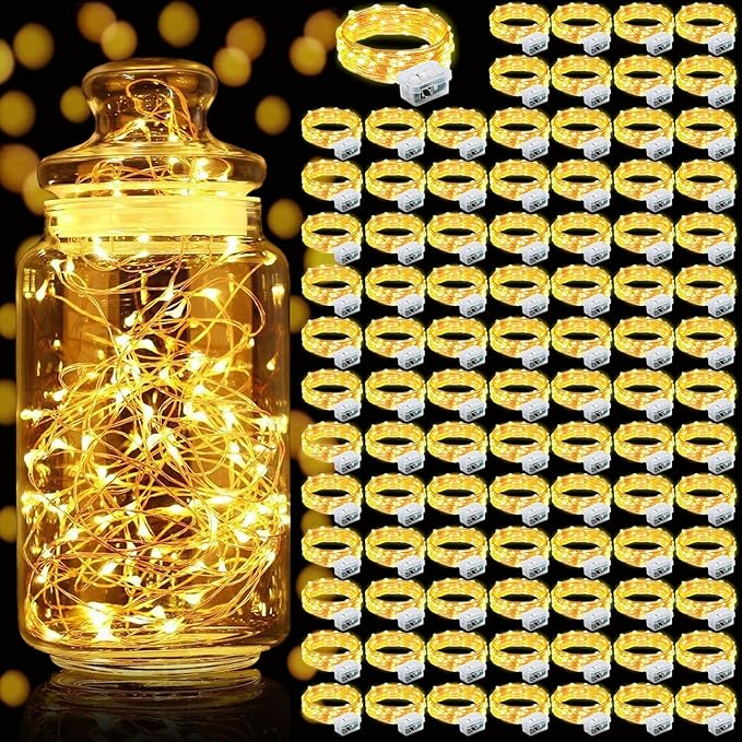 Aogist 100 Pack Fairy Lights 3 Modes 7ft 20 LED Waterproof,Battery Operated Silver Wire Firefly Starry Moon Mini String Lights for Mason Jars Christmas DIY Crafts Wedding Party Bedroom,Yellow