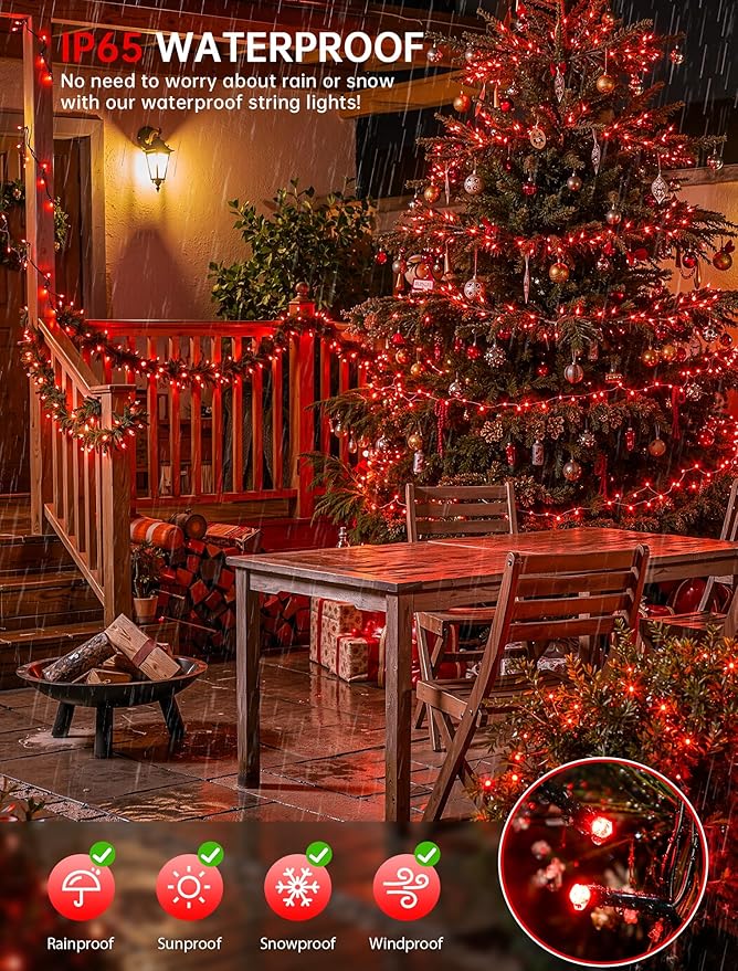 Hopolon String Lights Indoor Outdoor, 33 FT 100 LED Connectable Green Wire Twinkle Fairy Lights, Plug in Christmas Light Waterproof for Wedding Party Patio Spring Decor (Red)