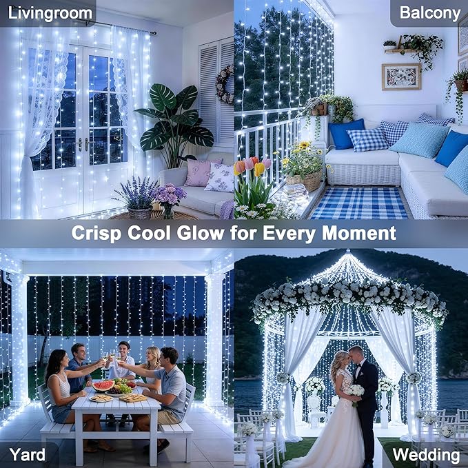 JMEXSUSS 9.5x29.5ft Curtain Lights Indoor Outdoor Decor with Remote, 900LED White Christmas Lights Plug in, Hanging String Lights for Bedroom, Wall, Window, Patio, Garden, Wedding, Reception, Backdrop