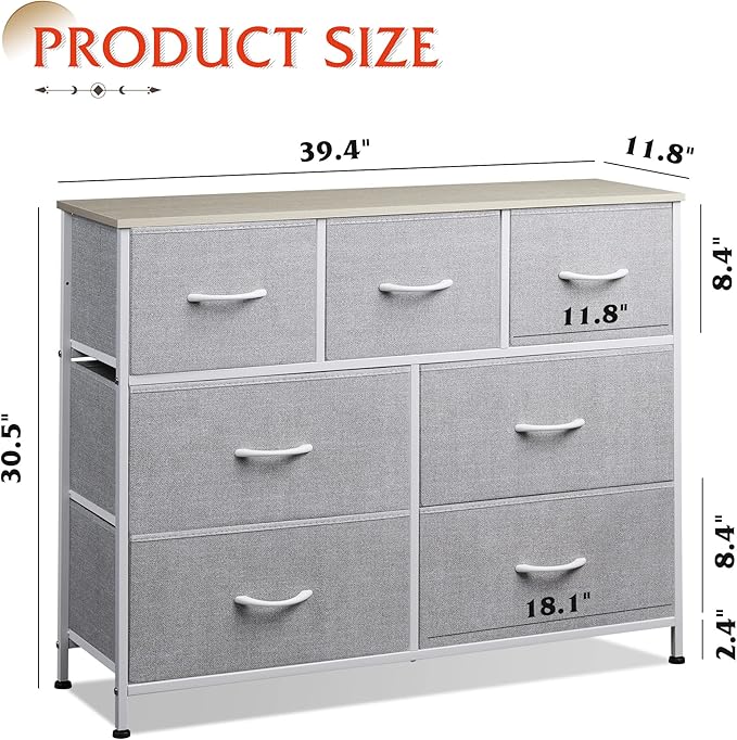 WLIVE 7 Drawer Dresser TV Stand, Entertainment Center, Media Console Table with Metal Frame and Wood Top for TV up to 45 inch, Chest of Drawers for Bedroom, Living Room, Light Grey