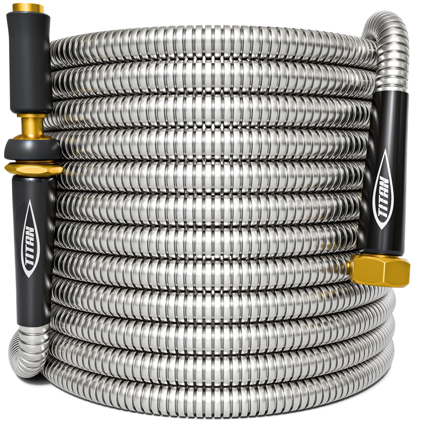 TITAN Garden Hose 150FT - 304 Stainless Steel Metal Water Hose, Flexible, Kink-Free, Lightweight, Durable Crush Resistant Fittings, Easy to Coil, 500 PSI