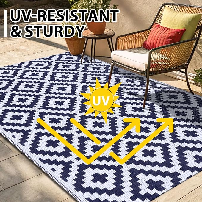 Smiry Waterproof Outdoor Rug 8x10 ft, Reversible Plastic Straw Patio Camping Rugs, Outdoor Indoor RV Mat Carpet for Patio, Outside Entry, Backyard, Deck, Bench, Picnic, Camper, White & Navy