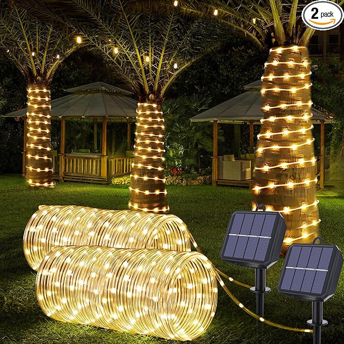 Solar Rope Lights, 2 Pack Total 66ft 200LED Solar String Lights, 8 Modes Waterproof Solar Powered Outdoor Light, Flexible Clear Tube Light for Garden Yard Patio Deck Porch Pool Tree Decor - Warm White