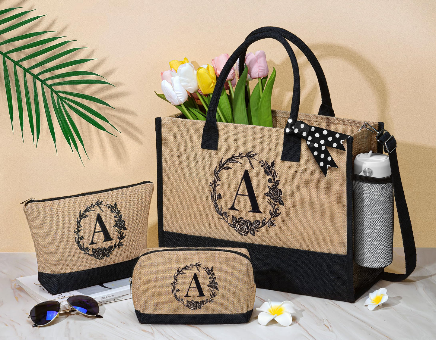 Personalized Gifts for Women Tote Bag, Initial Jute Tote Bag & Makeup Bags Monogrammed Beach Bag w/ Zipper, Birthday Gifts Mothers Day Gifts for Mom Women Her Friend Sister Wife Grandma Teacher Nurse