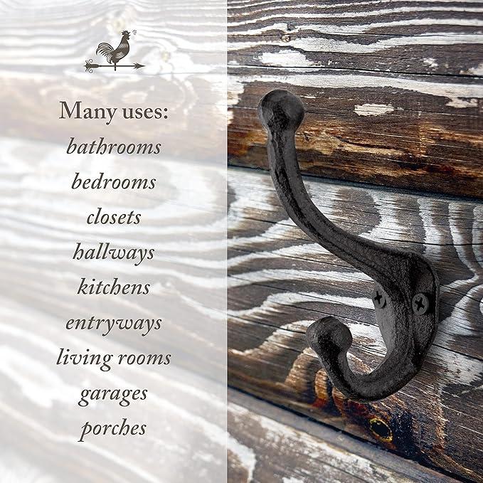 Rustic Cast Iron Coat Hooks (10 Pack) Wall Mounted Farmhouse Decorative Wall Hooks, Vintage Hooks for Hanging Coats, Bags, Hats, Towels (Antique Black)