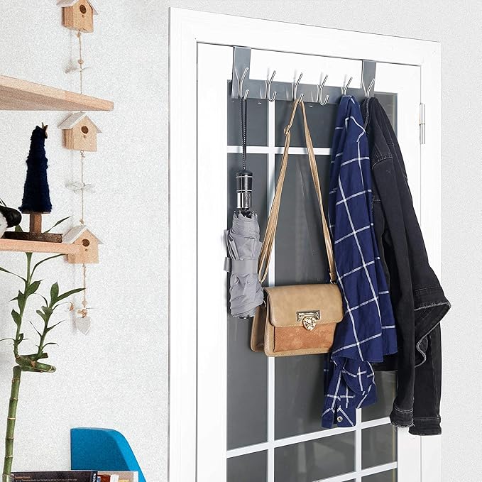 WEBI Over The Door Hook Door Hanger:Over The Door Towel Rack with 6 Coat Hooks for Hanging,Towel Hanger Door Coat Hanger Over Door Coat Rack for Towels,Clothes,Back of Bathroom,Silver,2 Packs