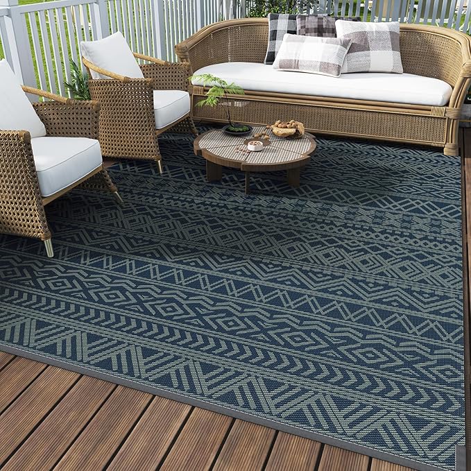 MontVoo Outdoor Rug Carpet Waterproof 5x8 Outdoor Patio Rug Mat Reverisble Plastic Straw Outdoor Rug for RV Camping Picnic Beach Balcony Boho Blue Green