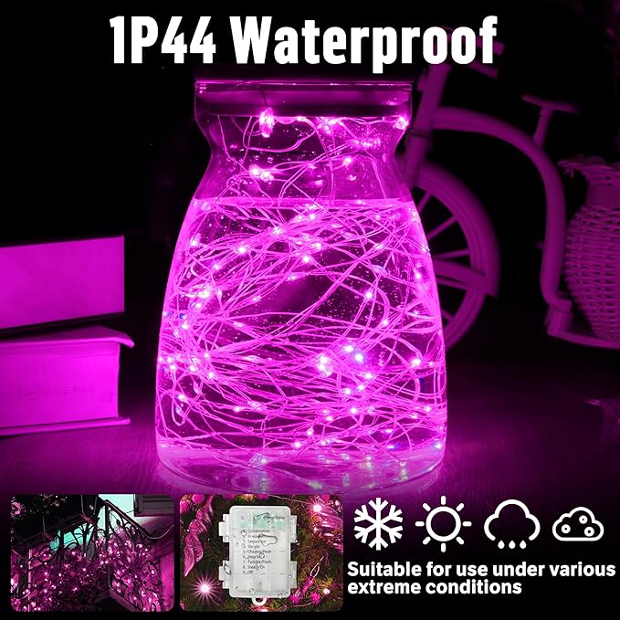 LAMPHOME 100 LED Pink Valentine Lights, Valentine's Day Fairy Lights Battery Operated, Silver Wire Twinkle String Light Multi Functions & Timer with Remote for Indoor Bedroom Wedding Decorations