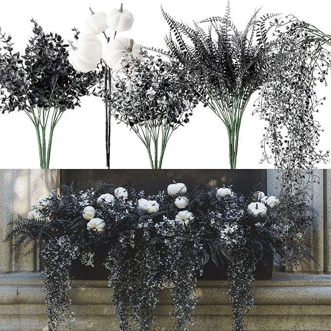 12Pcs Outdoor Artificial Boxwood UV Resistant Fake Stems Plants, Black Artificial Flowers Faux Flowers for Autumn Home Kitchen Wedding Table Centerpiece Halloween Thanksgiving Decorations