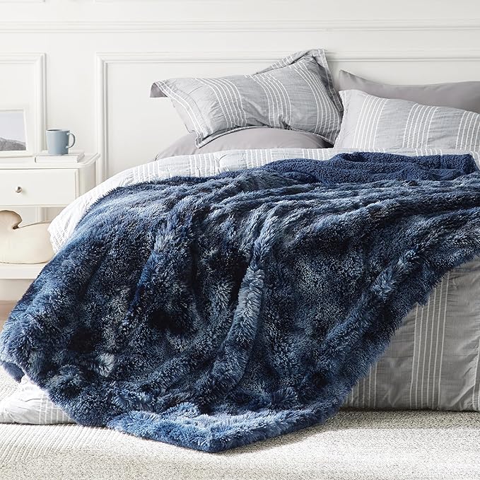Bedsure GentleSoft Fluffy Tie Dye Navy Blue King Size Blanket for Bed, Thick Soft Sherpa Faux Fur Fleece Bedding Fuzzy Plush Winter Warm Large King Blanket, Cozy Blue Gifts for Men Women, 108x90