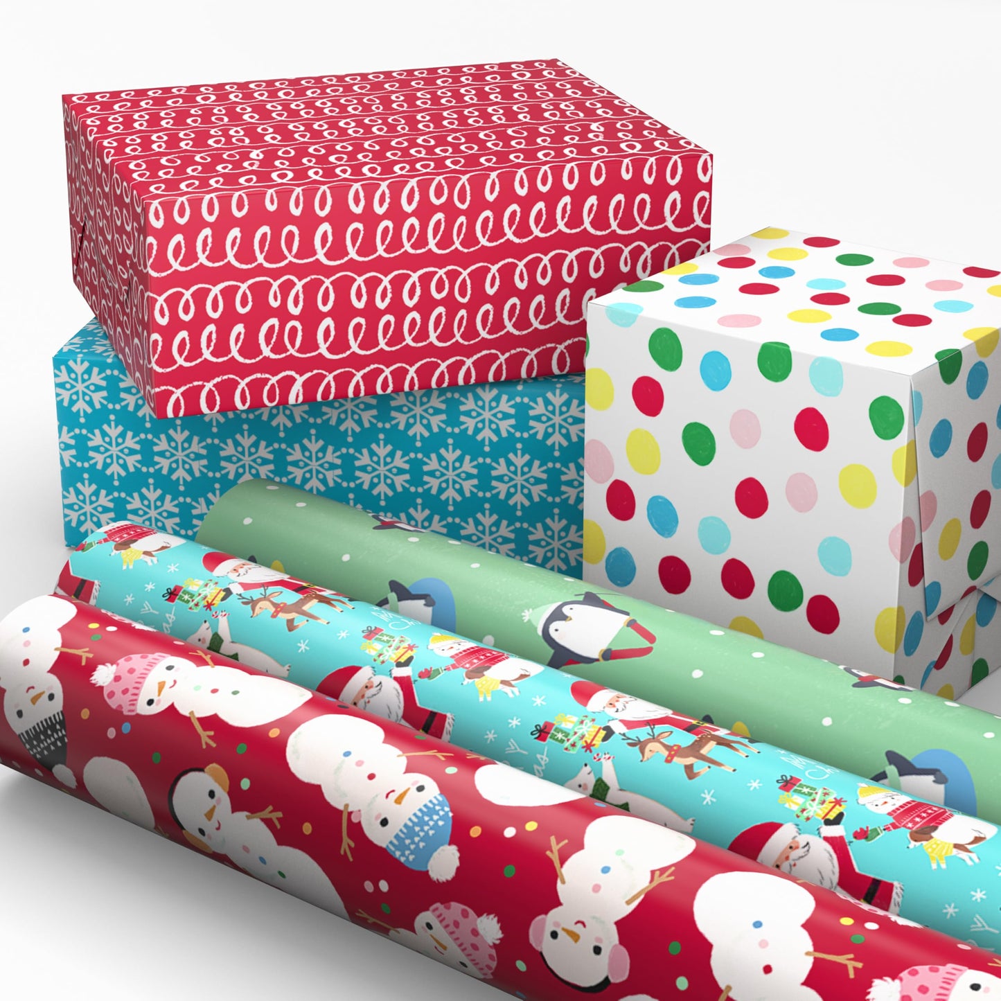 Hallmark Kids Christmas Wrapping Paper Rolls with Cutlines on Reverse (6 Rolls: 180 Sq. Ft. Total) Snowman, Snowflakes, Penguins, Santa Claus