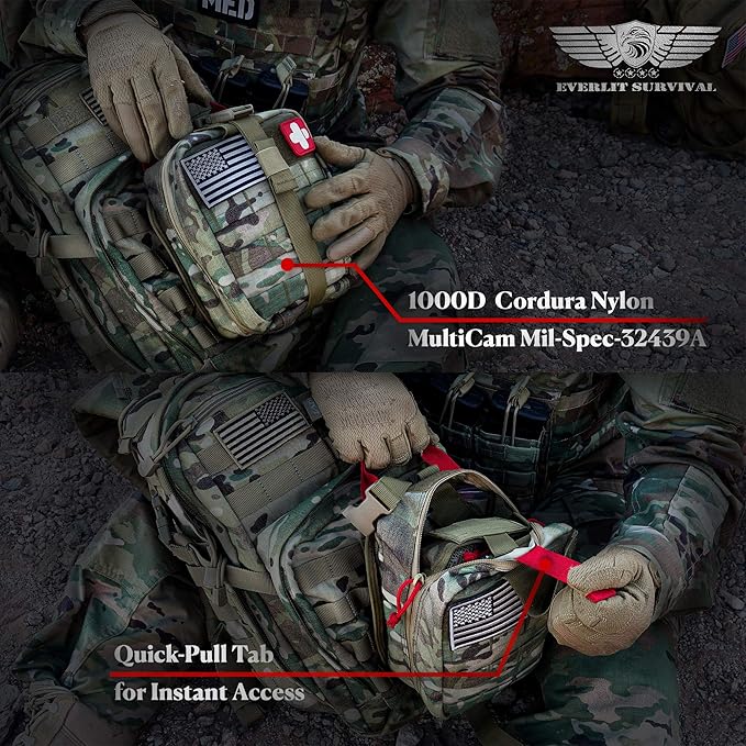 EVERLIT Advanced Emergency Trauma Kit, CAT GEN-7 Tourniquet Mil-Spec Nylon Laser Cut Pouch with 36" Splint, Military Combat Tactical IFAK for First Aid Response Bleeding Control