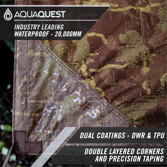 AquaQuest Defender Camping Tarp - Heavy Duty Tent Shelter or Rain Fly - Waterproof Camping Essentials for Hiking, Bushcraft & Hammock, 15 x 15 ft, True Terrain