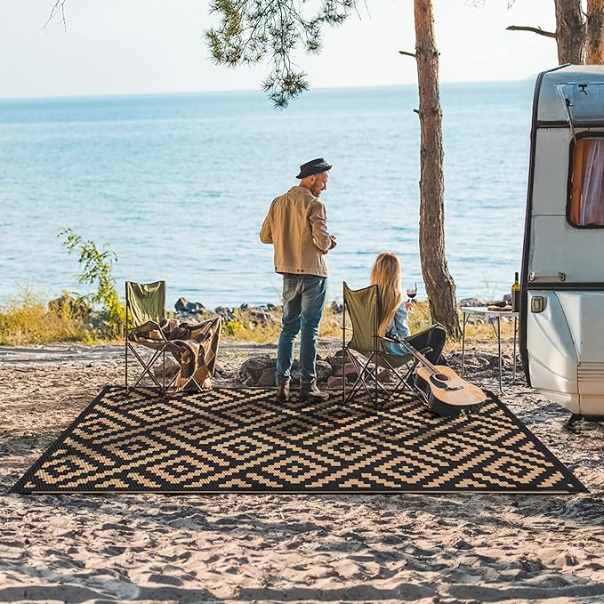 GENIMO 5x8 Outdoor Rug Waterproof, Reversible Mats, Area Rug, Plastic Outside Carpet, Geometric Rv Mat for Patio Camping Rv Picnic Backyard Deck Balcony Porch Beach Trailer (Black & Brown)