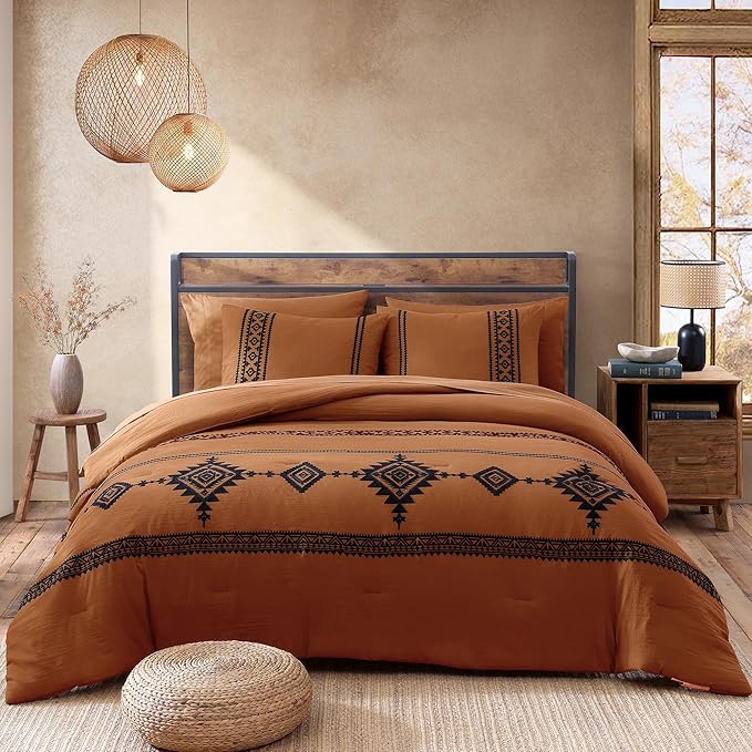 MaiRêve Burnt Orange Embroidery Comforters Set Queen Size - 7 Pieces, Farmhouse Western Bedding All Season, Bed in A Bag Queen Boho Comforter Set with Sheets, Pillowcases & Shams