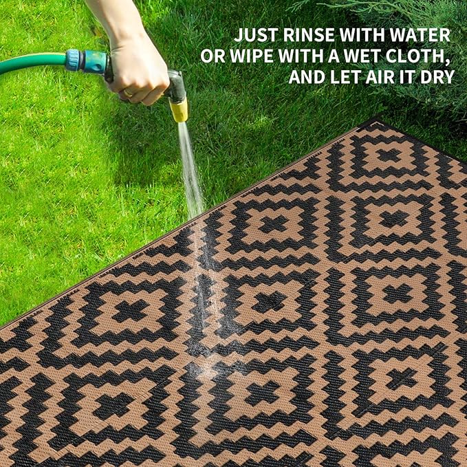 Outdoor Patio Plastic Straw Rug - 5'x8' Outdoor Camping Rug Waterproof Reversible, Area Carpet Patios Clearance RV, Outside Porch Balcony Deck for Camper, Black & Brown