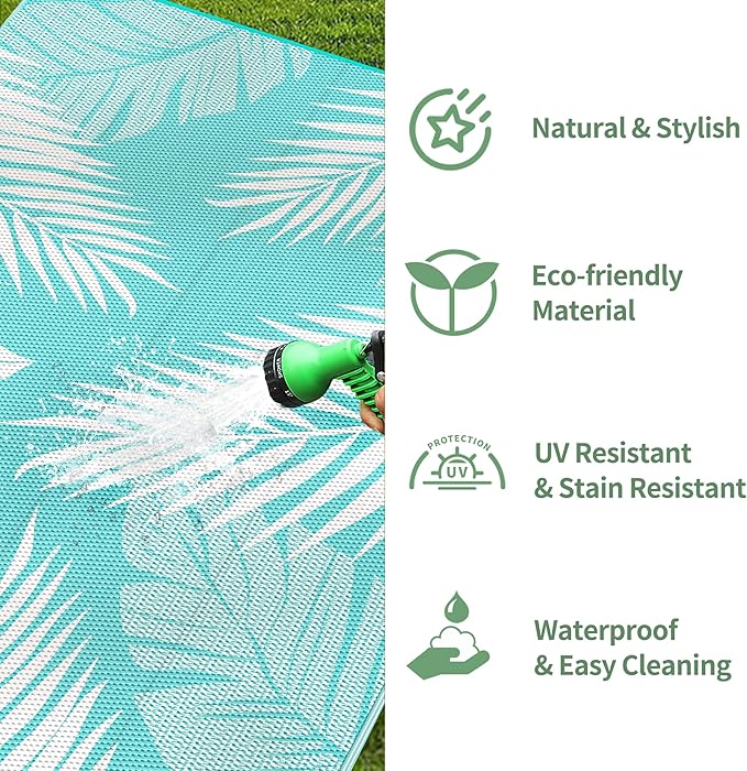 GENIMO Outdoor Rug 9' x 12' Waterproof for Patios Clearance, Reversible Outdoor Plastic Straw Camping Rug Carpet, Large Area Rugs Mats for RV, Camper, Deck, Balcony, Porch, Beach, Aqua Blue&White