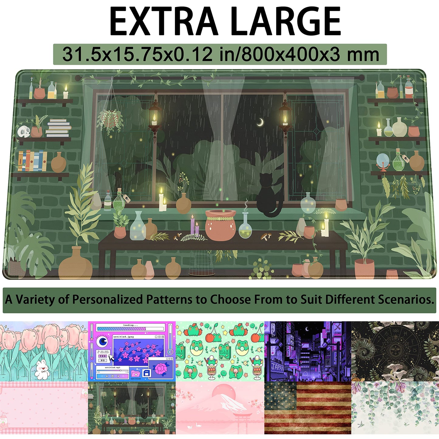 Cute Rainy Night Desk Mat Green Plants Desk Pad, Anime Black Cat Kawaii Large Gaming Mouse Pad, Moonlight Fireflies Deskmat Aesthetic Mousepad XXL, Laptop Keyboard Pad for Women Desk 31.5"x15.75"