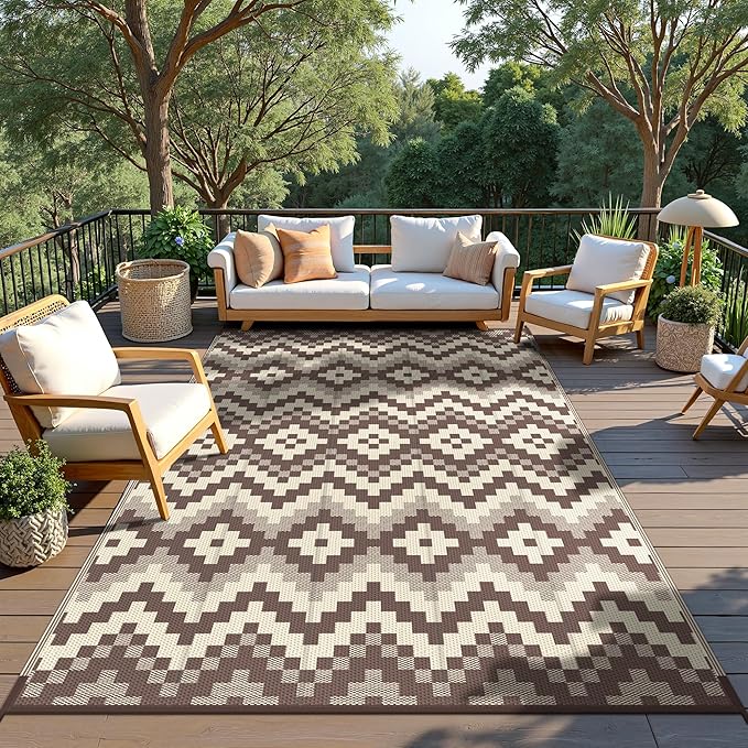 GENIMO Outdoor Rug Waterproof 9x12 ft, Lightweight Plastic Straw Rugs, Outside Reversible Large Mat Carpet for Patio, Camping, RV, Deck, Balcony, Porch, Backyard, Coffee & Beige