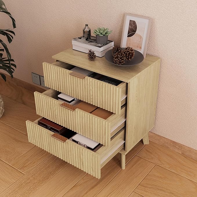 Fluted 3 Drawer Dressers, Modern Closet Dressers Chest of Drawers, Wood Storage Dresser Chest of Drawers Organizer for Bedroom Living Room Hallway Closet(Natural)