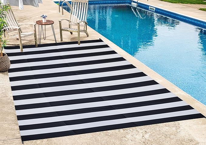FH Home Outdoor Rug - Waterproof, Fade Resistant, Reversible - Premium Recycled Plastic - Striped - Large Patio, Deck, Sunroom, Camping, RV - Brittany Stripe - Black & White Crease Free - 5 x 8 ft