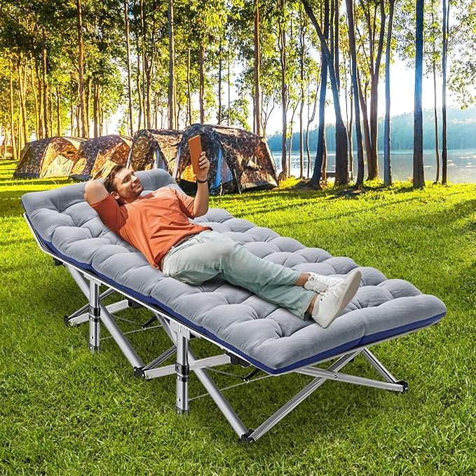 ABORON 2 Pack Folding Camping Cot W/Mat for Adults, Heavy Duty Outdoor Bed with Carry Bag,1200 D Layer Oxford Travel Camp Cots