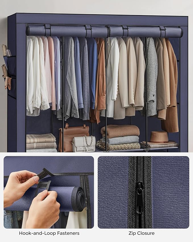 SONGMICS Portable Closet, Wardrobe Closet Organizer with Cover, 4 Hanging Rods and Shelves, 4 Side Pockets, 66.9 x 17.7 x 65.7 Inches, Large Capacity for Bedroom, Living Room, Dark Blue URYG094I02