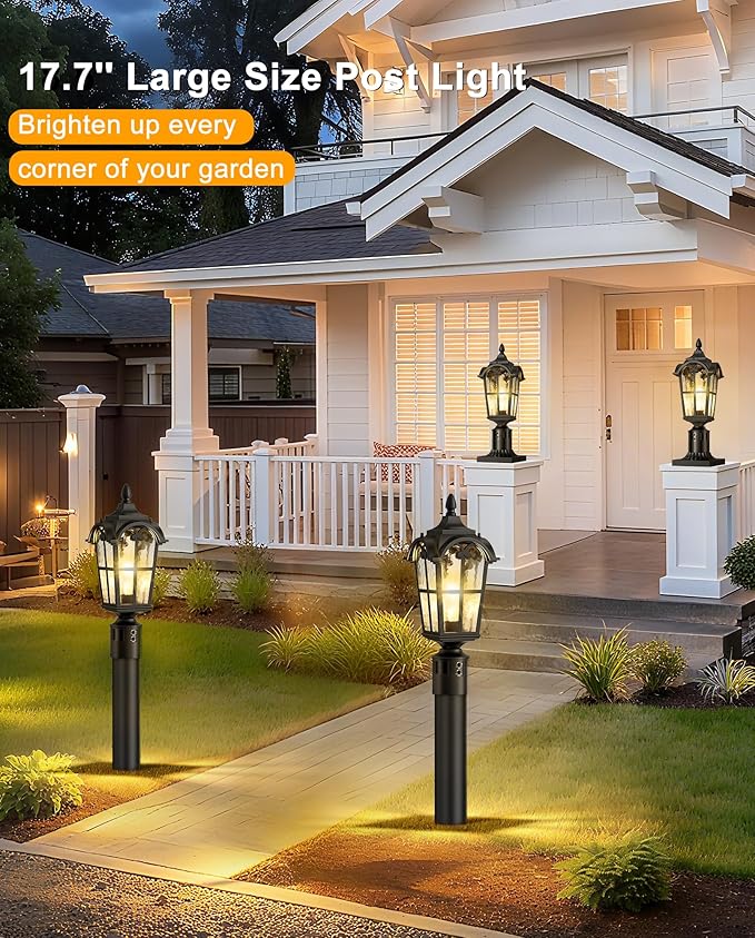 Motion Sensor Outdoor Post Lights,17.7" Dusk to Dawn Lamp Post Light Fixture, 360°Detection 3 Lighting Modes Outdoor Lighting,Waterproof Aluminum Pole Lantern for Yard Patio Pathway Garden