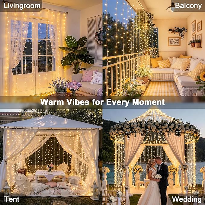 JMEXSUSS 600 LED Curtain Lights Outdoor, 9.5ft x 19.6ft Window Hanging Lights with Remote, Plug in, 8 Modes, Indoor String Lights for Bedroom, Wall, Xmas, Party, Backdrop, Wedding Decor, Warm White