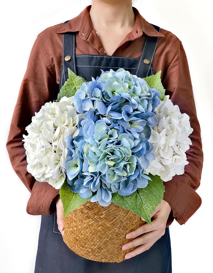 2 White +2 Blue Real Touch Hydrangea Artificial Flowers,21" Vintage Silk Fake Flowers, Faux Hydrangea Flowers for Wedding Bouque Centerpieces Tables Party Home