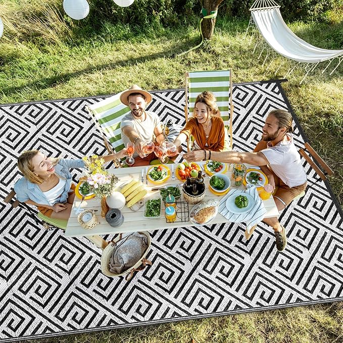 Outdoor Patio Plastic Straw Rug - 8'x10' Outdoor Camping Rug Waterproof Reversible, Area Carpet Patios Clearance RV, Outside Porch Balcony Deck for Camper, Stripe Black & White