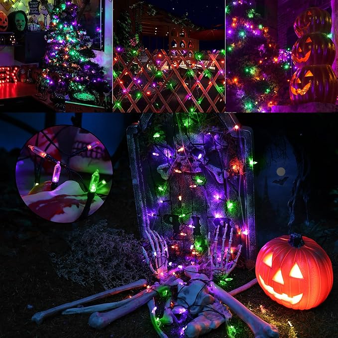 LYHOPE Orange & Purple & Green Halloween Lights, 33ft 100 LED Halloween Decoration Lights Waterproof 8 Modes Battery Operated String Light for Outdoor & Indoor,Tree, Wreaths, Holiday, Party Decor