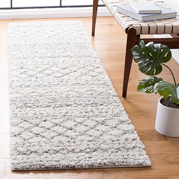SAFAVIEH Arizona Shag Collection Runner Rug - 2'3" x 10', Ivory & Grey, Moroccan Design, Non-Shedding & Easy Care, 1.6-inch Thick Ideal for High Traffic Areas in Living Room, Bedroom (ASG741F)